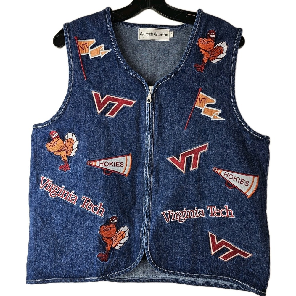 Collegiate Collection Womens Denim Vest Blue L Virgina Tech Football Hokies Bird